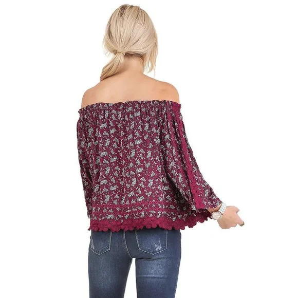 Umgee Floral & Lace  Top, Raspberry - Picture 4 of 4